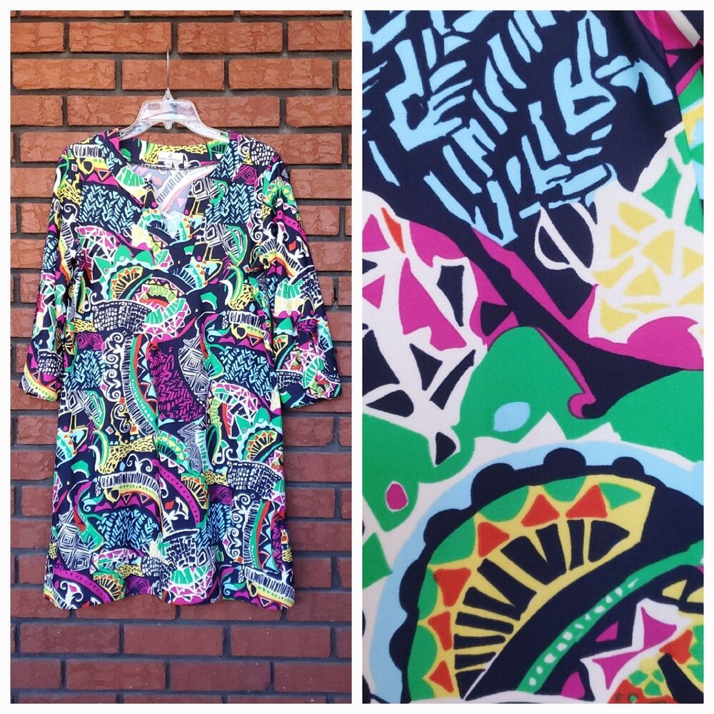 Jude Connally Tunic Dress XL Multicolor Geometric Knee Length Nylon Blend